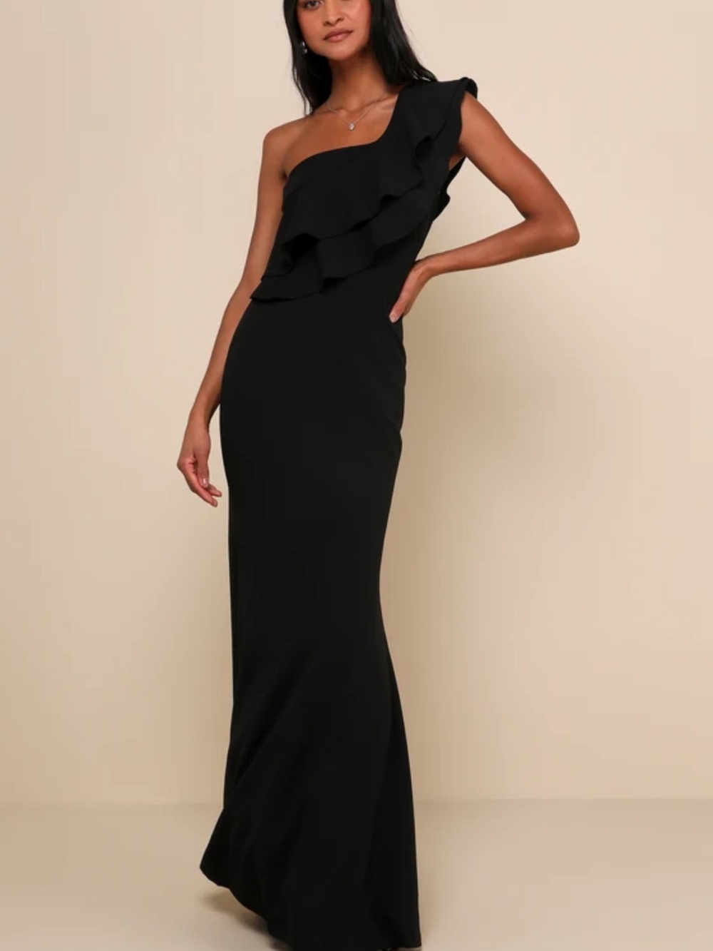 Lulus Grand Beauty Black Ruffled One-shoulder Mermaid Maxi Dress - Size L